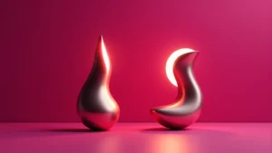 Imagen conceptual que ilustra la diferencia entre succionadores de onda de presión y vibradores clásicos mediante dos esculturas abstractas minimalistas. La imagen representa la comparativa de juguetes sexuales para ayudar a elegir el mejor estimulador para el placer clítoris.