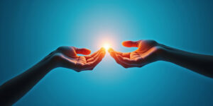 Imagen minimalista de alta calidad con fondo azul #03A9F4 que muestra dos manos (masculina y femenina) rozándose suavemente, con una luz etérea que emana, simbolizando la conexión tántrica, la energía sexual y el inicio del placer consciente. Ilustra los beneficios del sexo tántrico y la intimidad sexual para un blog de sexualidad consciente.