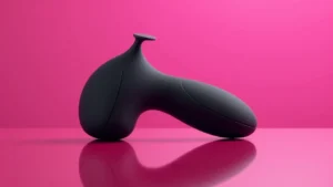 Imagen minimalista de estudio de un juguete para masaje prostático de silicona negra, con diseño ergonómico y curva en 'J', sobre un fondo color magenta. Destaca su uso como guía de compra de vibradores prostáticos para la estimulación precisa del punto P masculino.