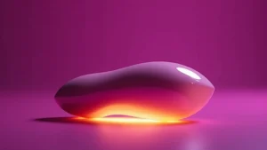 Fotografía minimalista de estudio, un vibrador moderno y elegante con luz dorada sobre fondo púrpura (#9C27B0), simbolizando el placer consciente y desmintiendo el mito de la dependencia a los juguetes sexuales. Ideal para posts sobre la sensibilidad del clítoris y el uso de vibradores.