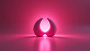 Imagen conceptual y minimalista de dos arcos de luz que convergen, simbolizando un Vibrador Parejas U para Juguetes vibradores para parejas. La composición representa la sincronía y el Placer compartido en la intimidad, con un fondo elegante en tonos magenta.