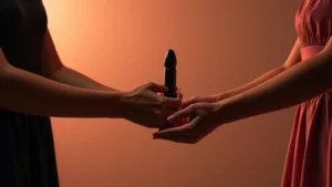 Primer paso para introducir juguetes sexuales en pareja sin incomodidad: imagen minimalista de dos manos entrelazadas sosteniendo un vibrador, simbolizando cómo proponer un vibrador y los beneficios de los juguetes en pareja a través de la comunicación y superando el miedo a usarlos.
