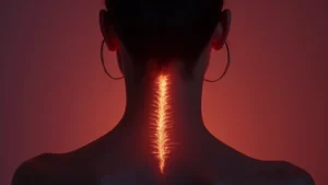 Fotografía artística minimalista en primer plano de la nuca y espalda humana, donde una línea dorada brillante traza un mapa simbólico de las zonas erógenas secretas y las áreas sensibles secundarias. Imagen conceptual para el post sobre estimulación más allá y placer corporal total.