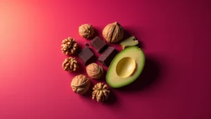 Composición minimalista y sensual que representa alimentos clave (chocolate negro, nueces, aguacate) para la alimentación y el deseo sexual, enfocada en los nutrientes (Zinc, L-Arginina) que equilibran las hormonas para una libido plena.