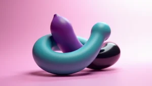 Fotografía conceptual y minimalista de dildos y arneses para placer inclusivo, simbolizando juguetes para cuerpos trans y placer no binario, con énfasis en la euforia de género y el placer trans.