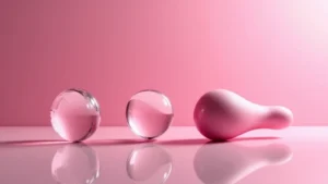 Fotografía conceptual y minimalista que ilustra una guía de tallas y materiales de dildos. Muestra tres objetos fálicos abstractos (simulando silicona de grado médico, cristal y metal) dispuestos para comparar su diámetro y longitud, sobre un fondo sensual de color magenta degradado. Imagen optimizada para las keywords: elegir el primer dildo, materiales seguros para dildos, y dildos según mi cuerpo.