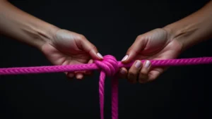 Manos andróginas sobre una cuerda magenta brillante, simbolizando la negociación de límites y el Consentimiento BDSM queer; imagen conceptual sobre seguridad y el Protocolo SSC BDSM.