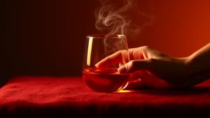 Primer plano conceptual de una mano elegante tocando un cristal con vapor aromático, iluminada con luz roja y ámbar sobre terciopelo. Representación artística de la creación de una atmósfera erótica y la estimulación de los cinco sentidos en pareja para una experiencia de sexo multisensorial.
