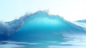 Imagen conceptual y minimalista del control orgásmico o edging, mostrando una ola de placer de color cian congelada justo antes de alcanzar su punto máximo. Símbolo de la técnica stop and go para orgasmos más intensos y prolongados.