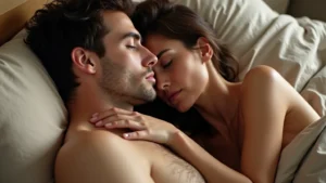 A peaceful moment of connection between a couple after intimacy, bathed in soft, natural light, embodying aftercare and tender affection.
