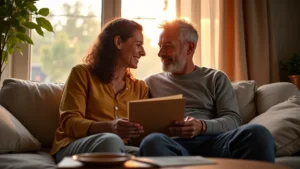 A couple sitting close together in soft, warm window light, looking at a physical menu or list between them with thoughtful, intimate expressions. Subtle intimacy implied through proximity and gaze.
