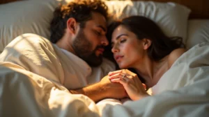 A couple in soft, dim light, deeply connected through sustained eye contact while gently holding hands, focusing on the quiet intimacy of the moment.