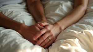 A medium close-up shot of a couple in a relaxed, intimate moment, emphasizing connection and soft, natural light.