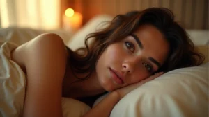 A woman in her late 30s with sun-kissed skin, captured in a moment of deep relaxation and sensory focus, surrounded by soft ambient light and textures.