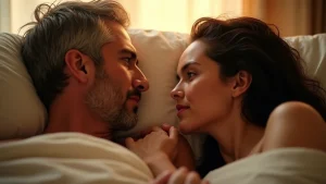 A candid, intimate moment between a diverse couple lying close together in soft, natural light, emphasizing gentle connection and shared space.