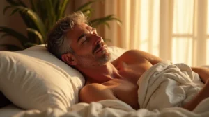 A tender moment between a couple, focusing on the connection and gentle touch, conveying intimacy without being explicit. A man in his late 40s with subtle smile lines and olive undertones is seen in a medium shot, his eyes closed, experiencing a moment of relaxed presence. Soft, diffused morning light streams through a nearby window, highlighting the texture of the linen sheets. The overall mood is serene, warm, and focused on emotional relief and sensual connection, reminiscent of high-end lifestyle photography. 35mm film aesthetic, subtle grain.