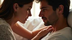 A couple gently touching each other's skin with soft, focused attention, illuminated by warm natural light.
