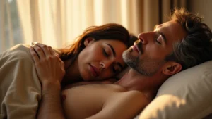 A couple in a cozy, dimly lit bedroom, one person gently touching the other's back as they both look relaxed and content, implying rest and intimacy. Soft, warm light streams from a window.