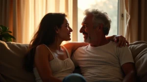 A candid, intimate moment between two adults, conveying deep emotional connection and comfort in soft, natural light.