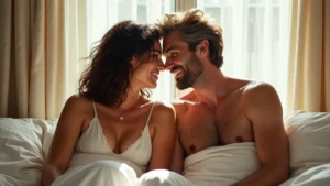 Pareja de mediana edad relajada en una habitación con luz natural, enfocándose en la conexión emocional y la intimidad.