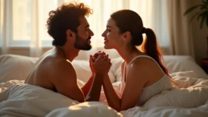 Una pareja de unos 40 años en un momento de intimidad y complicidad en un dormitorio con luz natural.