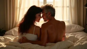 Pareja madura disfrutando de un momento de intimidad y conexión profunda en un dormitorio iluminado por luz natural suave.