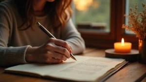 A close-up photograph of a person's hands writing a romantic letter on textured paper, set in a cozy, dimly lit bedroom during the golden hour.