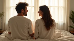 Una pareja diversa de unos 40 años relajada y conectada en un dormitorio con luz natural, simbolizando intimidad y bienestar emocional.