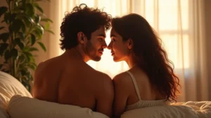 Pareja joven de identidad diversa compartiendo un momento íntimo y de complicidad en un dormitorio con luz suave.