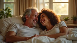 Una pareja de mediana edad relajada y cómplice compartiendo un momento íntimo y natural en un dormitorio con luz cálida de atardecer.
