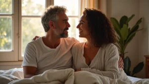 Una pareja diversa interactuando con ternura en una habitación iluminada por el sol, capturando la esencia de la fluidez y la conexión humana.