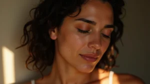 Close-up of a woman in her early 40s with olive skin and dark wavy hair, eyes closed in concentration, relaxing in a dimly lit bedroom with warm ambient light, hand gently near her neck as she practices breathing control.