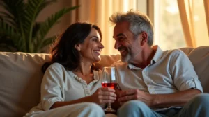 Pareja madura disfrutando de un momento de complicidad íntima y relajada en un salón acogedor.
