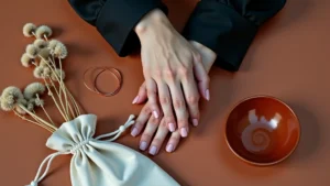 Plano cenital de una mujer contemplando una composición minimalista con elementos de cobre, lino crema y flores secas sobre una superficie de terracota, representando la anticoncepción natural.