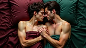 Pareja masculina del mismo sexo en la cama sobre sábanas en tonos esmeralda y borgoña, compartiendo un momento íntimo de conexión mutua.