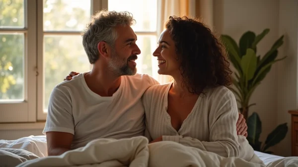 Una pareja diversa interactuando con ternura en una habitación iluminada por el sol, capturando la esencia de la fluidez y la conexión humana.
