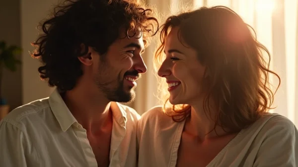 Una pareja queer en un momento de intimidad íntima, sentados juntos en una cama, mirándose a los ojos con una sonrisa suave y genuina. La iluminación es suave y natural, entrando por una ventana, resaltando las texturas de la piel y un ambiente de confianza y seguridad.