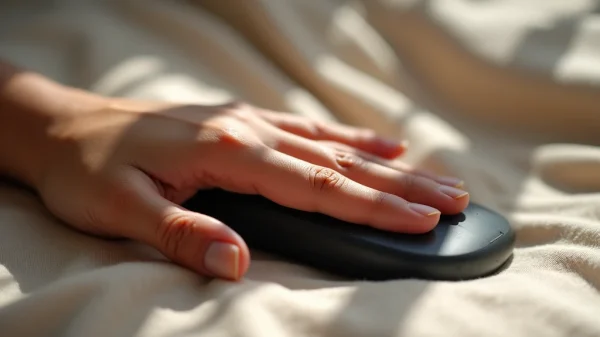 Primer plano estético de una mano de tono oliva interactuando sutilmente con un dispositivo de bienestar personal de alta tecnología, que representa la personalización del placer por IA.