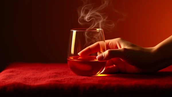 Primer plano conceptual de una mano elegante tocando un cristal con vapor aromático, iluminada con luz roja y ámbar sobre terciopelo. Representación artística de la creación de una atmósfera erótica y la estimulación de los cinco sentidos en pareja para una experiencia de sexo multisensorial.