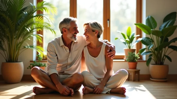 Pareja a finales de sus 30 años sonriendo y relajada en una habitación luminosa con plantas verdes, representando la vitalidad, la conexión y el bienestar físico de una vida íntima activa y saludable.