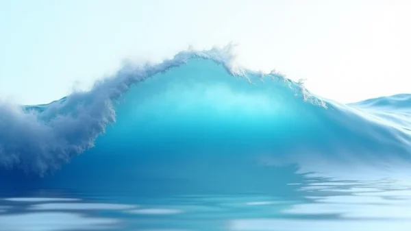 Imagen conceptual y minimalista del control orgásmico o edging, mostrando una ola de placer de color cian congelada justo antes de alcanzar su punto máximo. Símbolo de la técnica stop and go para orgasmos más intensos y prolongados.