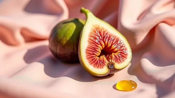 Bodegón editorial en tonos rosados con un fruto maduro sobre lino suave, simbolizando la intensidad y profundidad del placer en la madurez