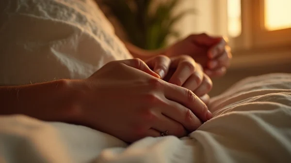 A close-up, dimly lit photograph of a couple's hands gently touching, with subtle sensual lighting highlighting the skin texture and a blurred background suggesting an intimate, technologically enhanced moment.