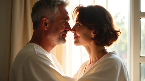 A candid, intimate moment between a mature couple, emphasizing deep emotional connection and soft, diffused light.