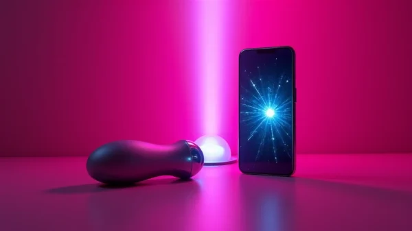 Fotografía minimalista de estudio de un vibrador con APP y un smartphone conectados por un haz de luz, representando la tecnología de juguetes sexuales control remoto y juegos en pareja a distancia. Imagen de placer a distancia para intimidad remota y sexo virtual.