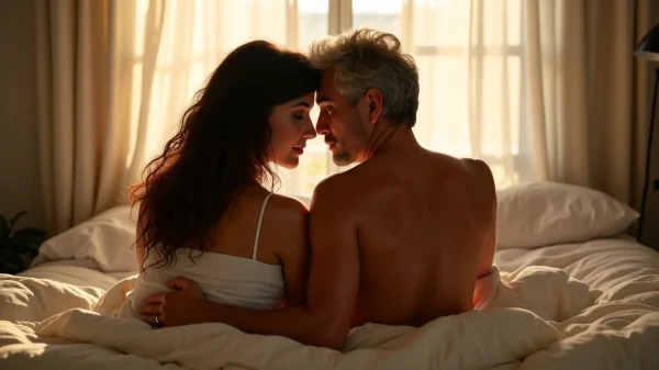 Pareja madura disfrutando de un momento de intimidad y conexión profunda en un dormitorio iluminado por luz natural suave.