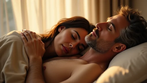 A couple in a cozy, dimly lit bedroom, one person gently touching the other's back as they both look relaxed and content, implying rest and intimacy. Soft, warm light streams from a window.