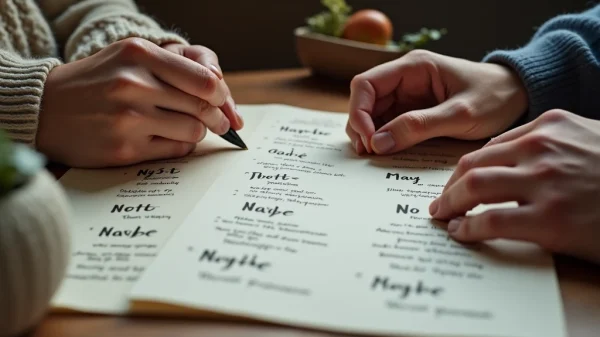 Primer plano de una pareja creando un 'Menú de Placer' con tarjetas y un bolígrafo, bajo luz natural.