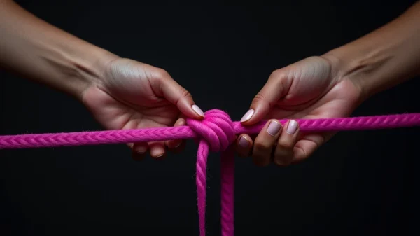 Manos andróginas sobre una cuerda magenta brillante, simbolizando la negociación de límites y el Consentimiento BDSM queer; imagen conceptual sobre seguridad y el Protocolo SSC BDSM.