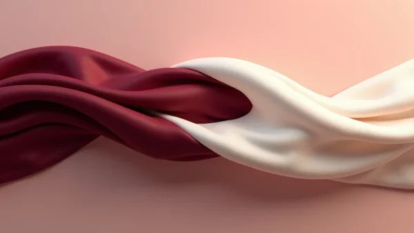 Representación abstracta y sensual del consentimiento en pareja. Dos cintas de seda fluidas, una roja y otra blanca, se entrelazan de forma continua sobre un fondo coral, simbolizando la comunicación sexual fluida, el respeto a los límites sexuales y la intimidad plena.